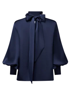 Satin Elegant Plain Imitation Pearls Mock Neck Balloon Sleeve Blouse