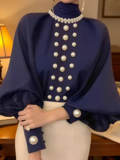 Satin Elegant Plain Imitation Pearls Mock Neck Balloon Sleeve Blouse
