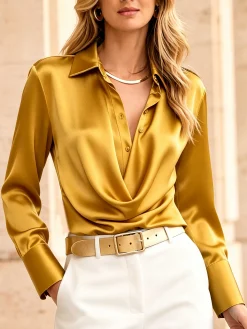 Satin Elegant Plain Ruched Shirt Collar Shirt