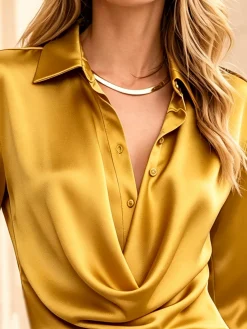 Satin Elegant Plain Ruched Shirt Collar Shirt