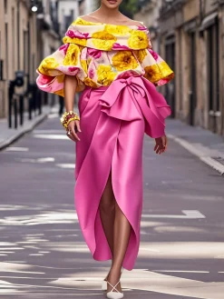 Satin Elegant Side-Slit Plain Bow Maxi Skirt