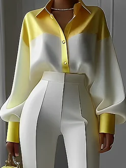 Satin Urban Balloon Sleeve Color Block Shirt
