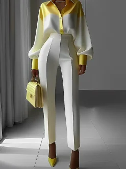Satin Urban Balloon Sleeve Color Block Shirt
