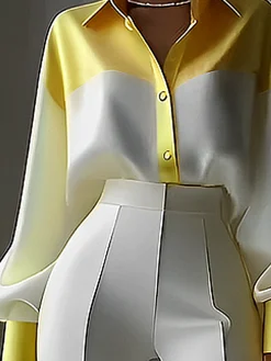 Satin Urban Balloon Sleeve Color Block Shirt