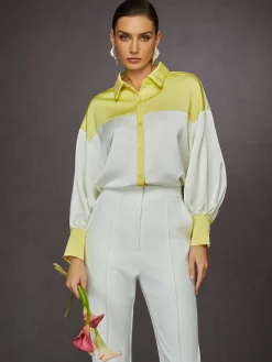 Satin Urban Balloon Sleeve Color Block Shirt