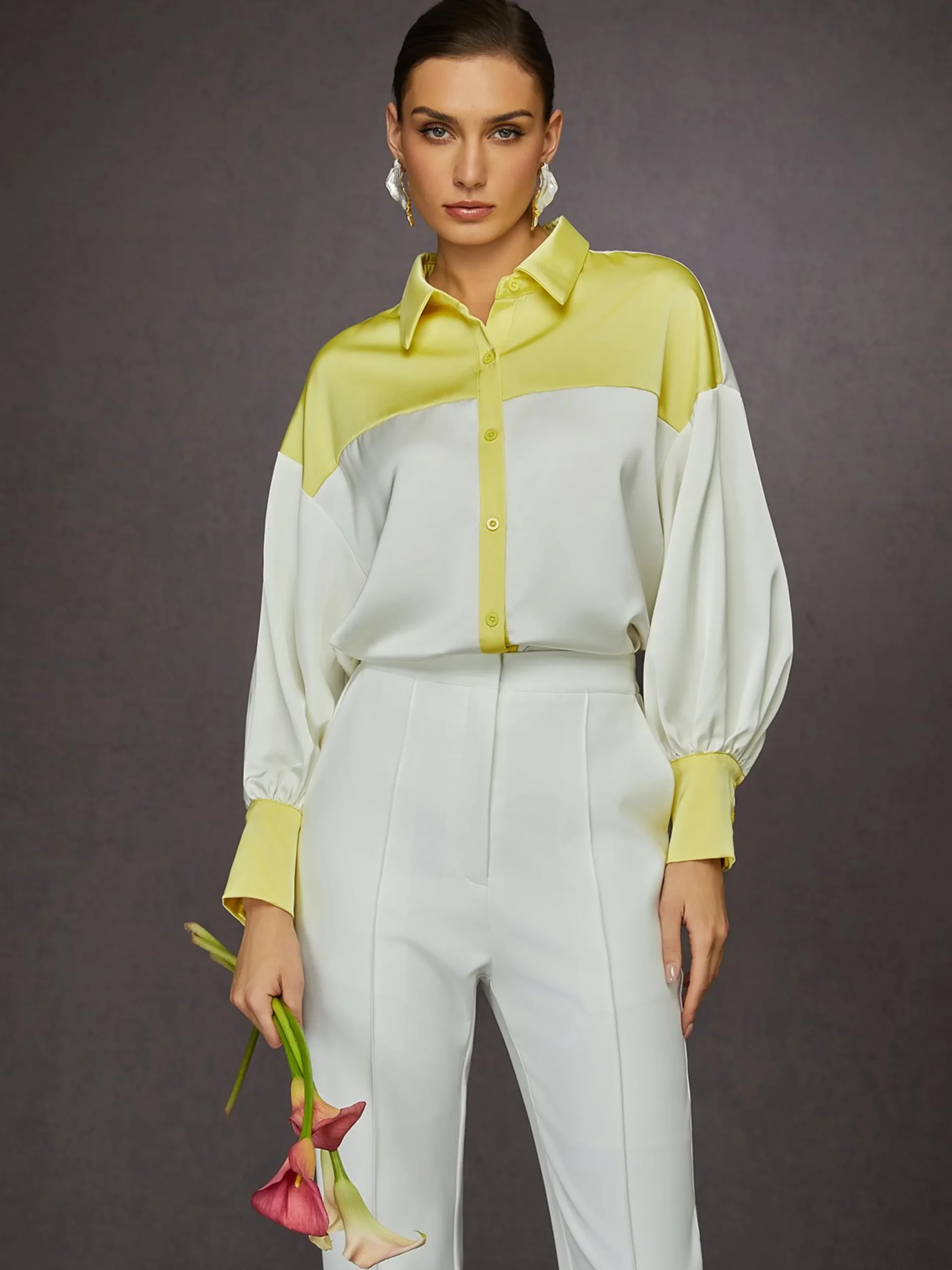 Satin Urban Balloon Sleeve Color Block Shirt
