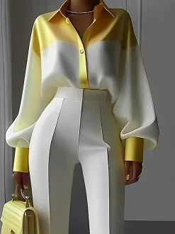 Satin Urban Balloon Sleeve Color Block Shirt