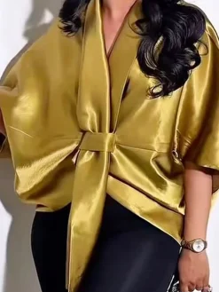 Satin Urban Plain Cross Neck Blouse