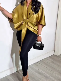 Satin Urban Plain Cross Neck Blouse