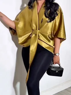 Satin Urban Plain Cross Neck Blouse