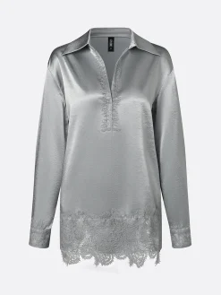 Satin Urban Plain Split Joint Polo Collar Blouse