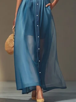 Soft Tencel Denim Elegant Plain Puff Sleeve Split Joint Shirt Collar Maxi Dress With Belt