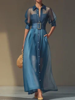Soft Tencel Denim Elegant Plain Puff Sleeve Split Joint Shirt Collar Maxi Dress With Belt