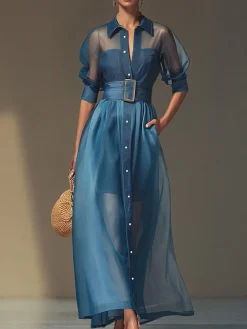 Soft Tencel Denim Elegant Plain Puff Sleeve Split Joint Shirt Collar Maxi Dress With Belt