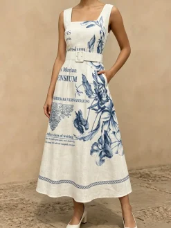 Square Neck Elegant Regular Fit Dress With Belt