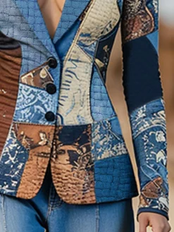 Stylewe Women Casual Natural X-Line Printed Blazer Lapel Collar Daily Spring