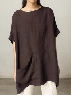 STYLE WE x CHILLINEN | Linen Cotton And Linen Crew Neck Plain Blouse