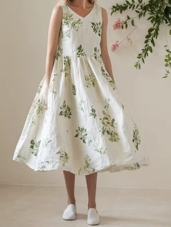STYLE WE x CHILLINEN |Vacation Plants V Neck linen-cotton Midi Dress