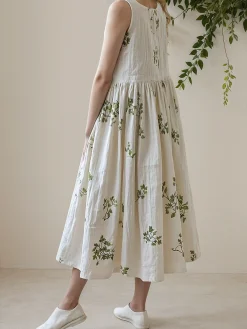 STYLE WE x CHILLINEN |Vacation Plants V Neck linen-cotton Midi Dress