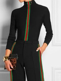 Turtleneck Tight Urban Color Block Long Sleeve T-Shirt
