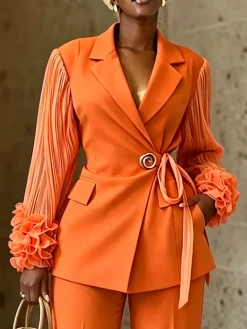 Urban Balloon Sleeve Split Joint Grommets Peplum Plain Shawl Collar Blazer