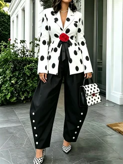 Urban Buckle Polka Dots Lapel Collar Blazer With Brooch