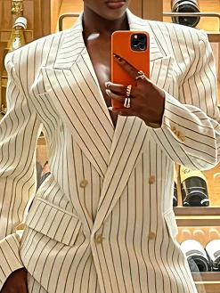 Urban Buttoned Geometric Striped Lapel Collar Blazer