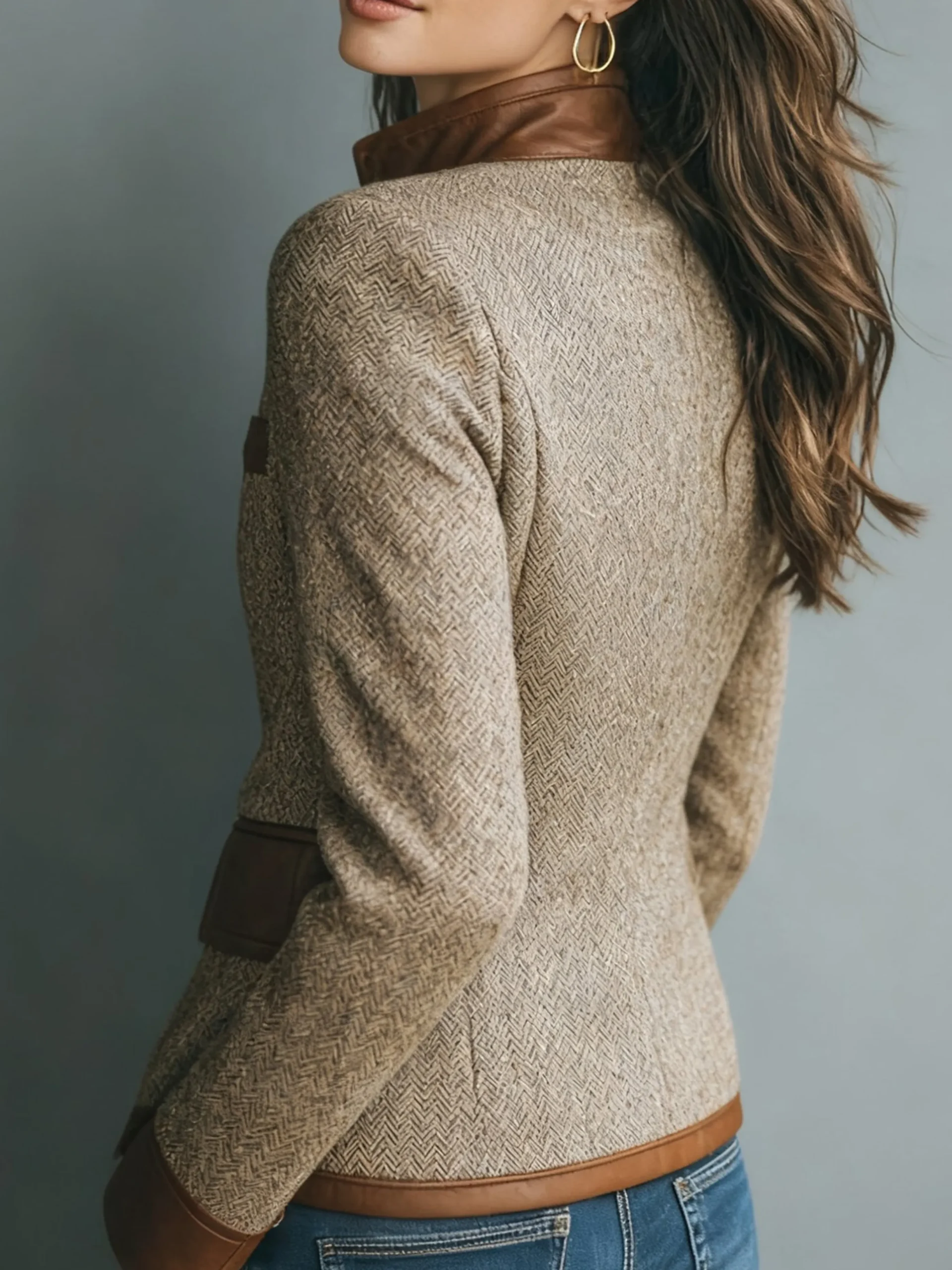 Urban Buttoned Piping Herringbone Stand Collar Jacket