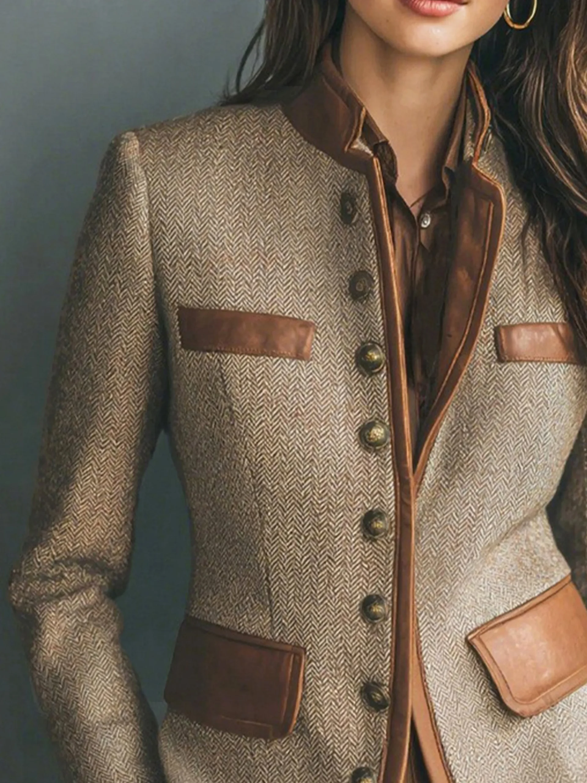 Urban Buttoned Piping Herringbone Stand Collar Jacket