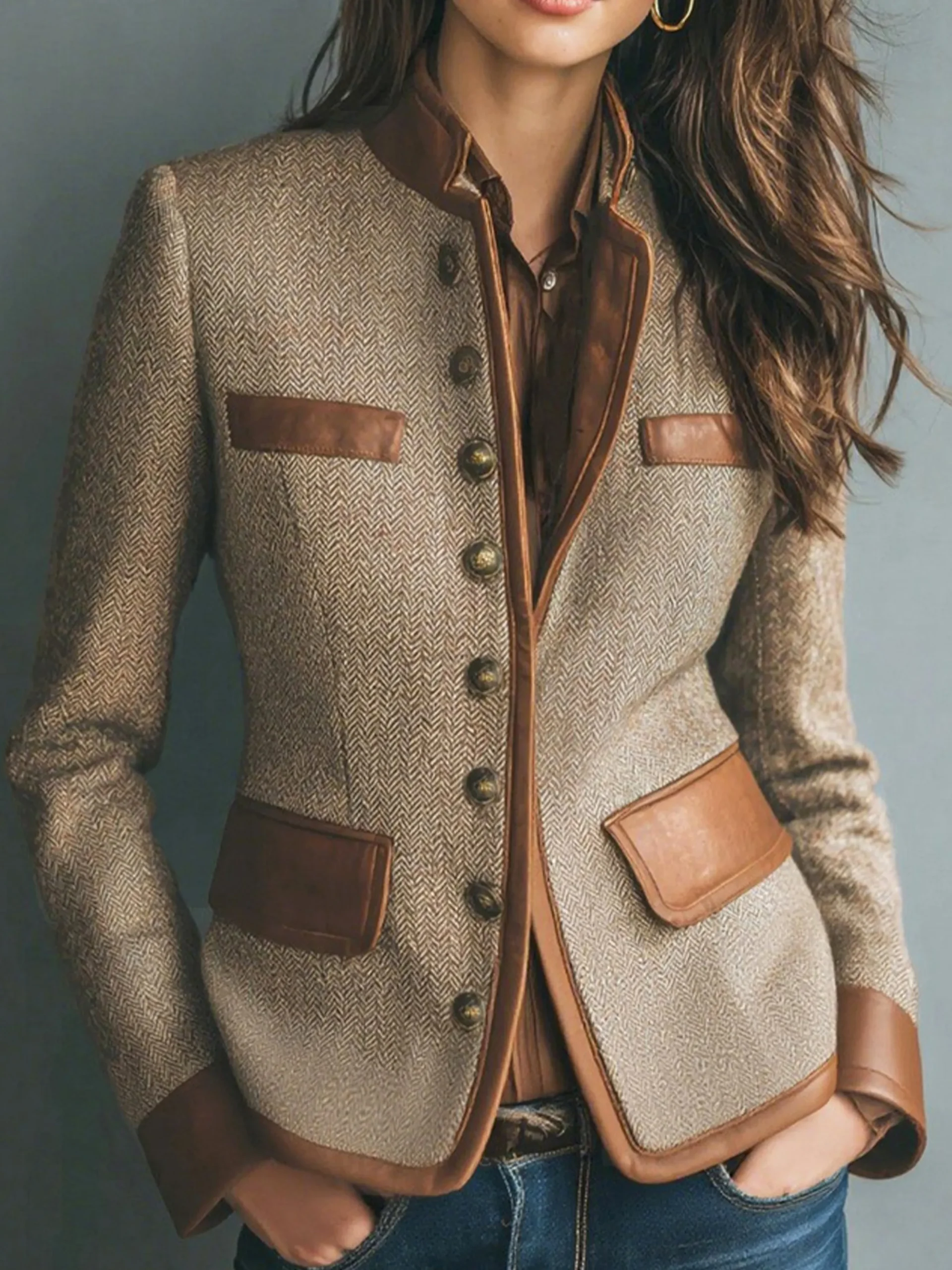 Urban Buttoned Piping Herringbone Stand Collar Jacket