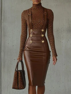 Urban Buttoned Plain Faux Leather Suspender Skirt