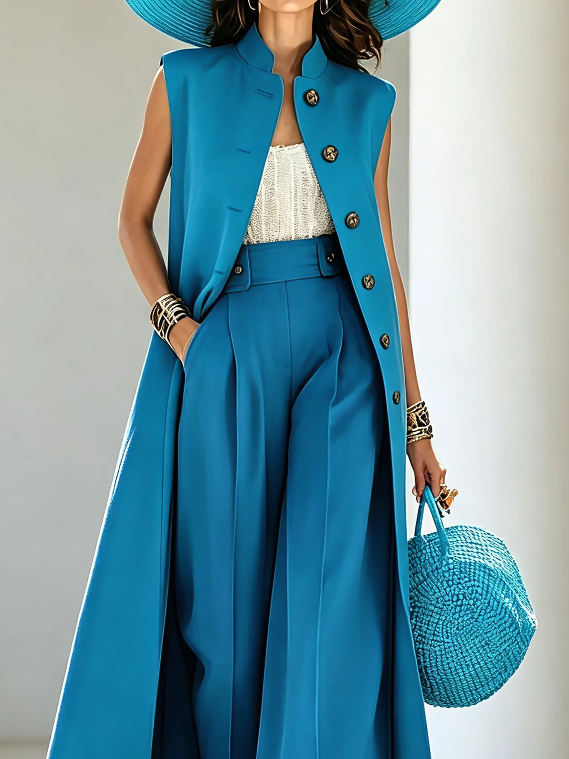 Urban Buttoned Plain Stand Collar Vest