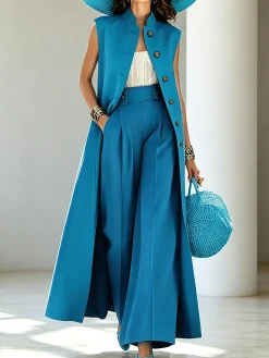 Urban Buttoned Plain Stand Collar Vest