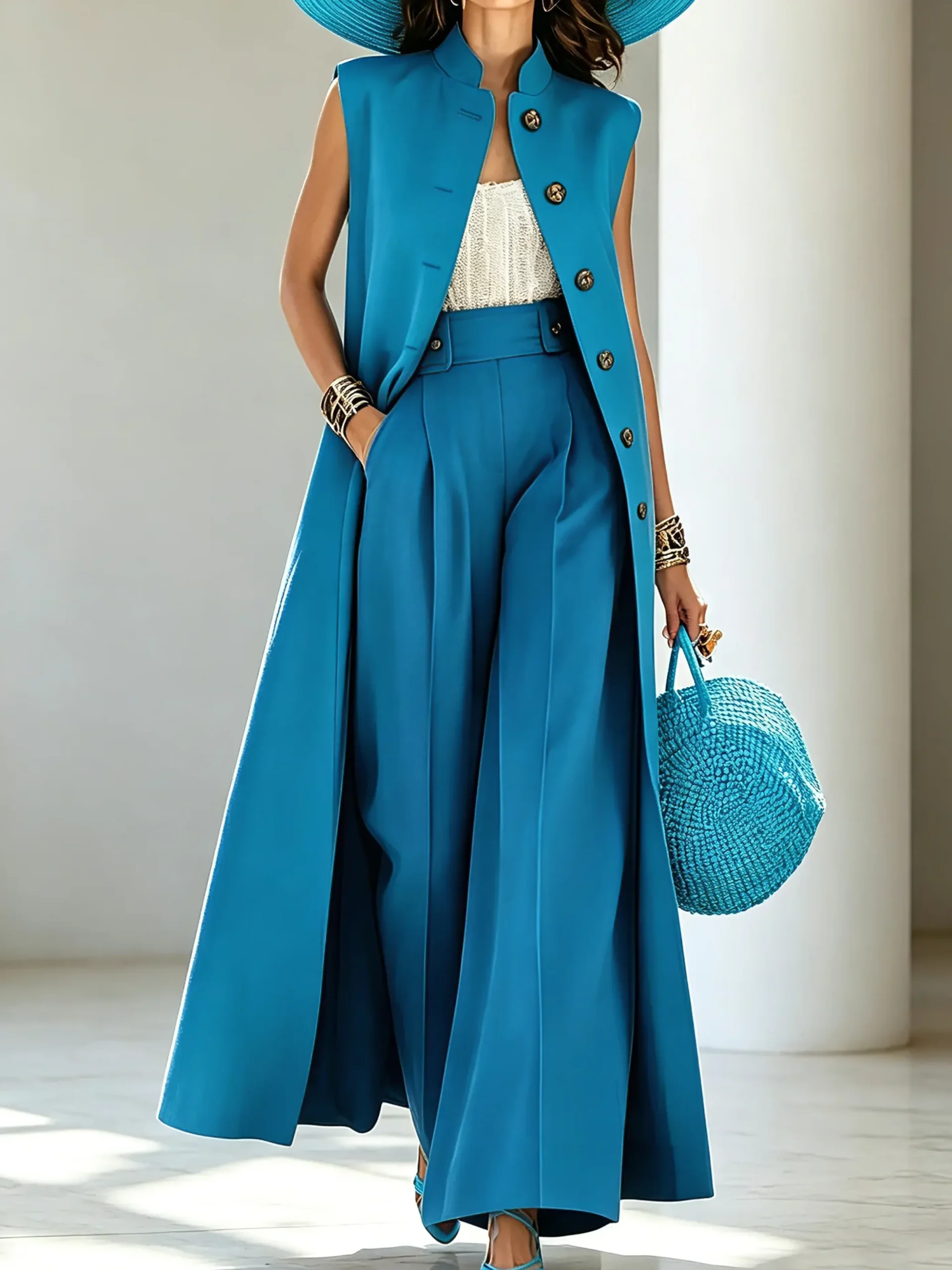 Urban Buttoned Plain Stand Collar Vest