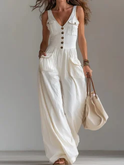 Urban Buttoned Pockets Plain V Neck Jumpsuit