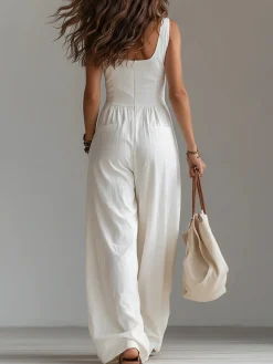 Urban Buttoned Pockets Plain V Neck Jumpsuit