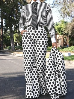 Urban Buttoned Polka Dots Lapel Collar Blazer