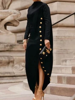 Urban Buttoned Stand Collar Dress