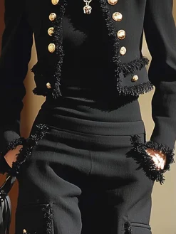 Urban Buttoned Tassel Plain Crew Neck Jacket