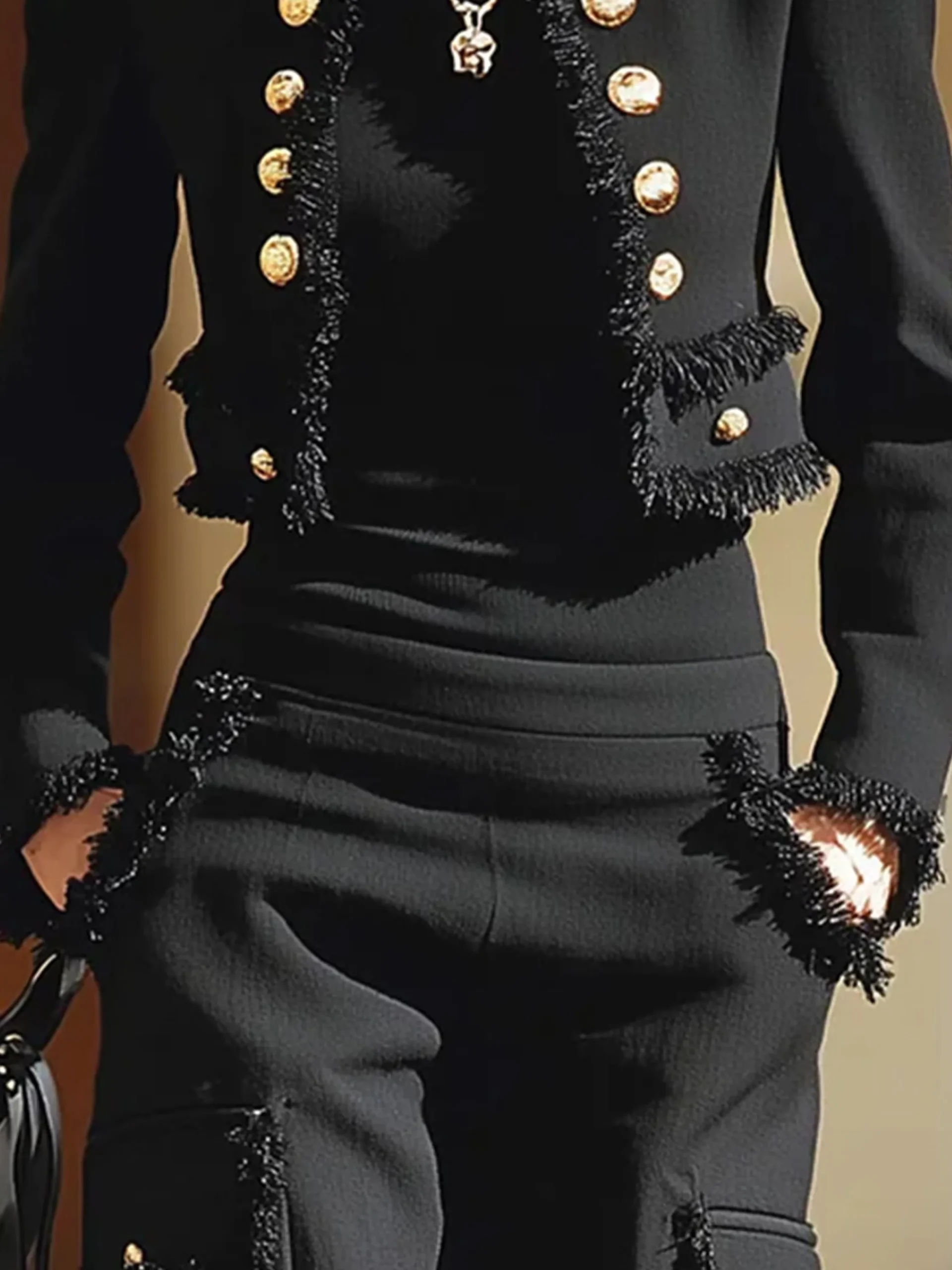 Urban Buttoned Tassel Plain Crew Neck Jacket