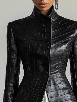 Urban Buttoned Textured Croc-Effect Faux Leather Coat