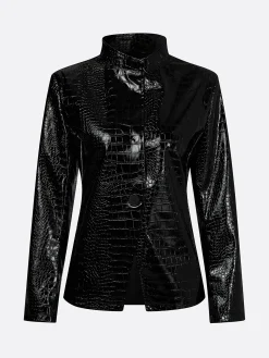 Urban Buttoned Textured Croc-Effect Faux Leather Coat