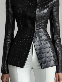 Urban Buttoned Textured Croc-Effect Faux Leather Coat