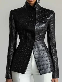 Urban Buttoned Textured Croc-Effect Faux Leather Coat