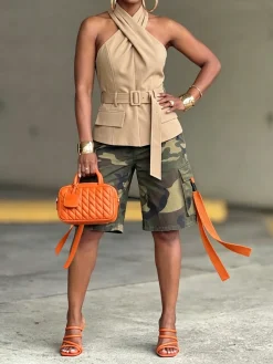 Urban Casual Camo Loose Fit Pockets Color Block Cargo Shorts
