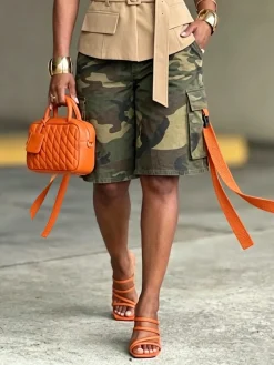 Urban Casual Camo Loose Fit Pockets Color Block Cargo Shorts