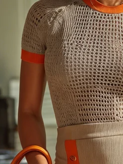 Urban Color Block Eyelet Crew Neck Knit Top