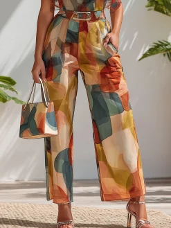 Urban Color Block Geometric Straight Pants With Belt
