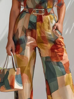 Urban Color Block Geometric Straight Pants With Belt