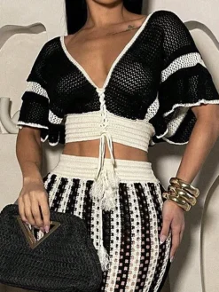 Urban Color Block Lace-up V Neck Knit Top